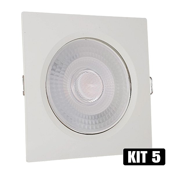 Kit 5 Spot LED 5W Embutir Quadrado Branco Quente
