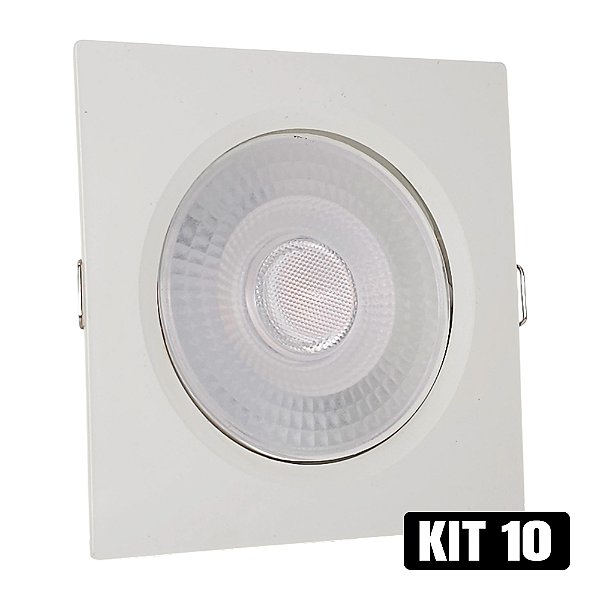 Kit 10 Spot LED 5W Embutir Quadrado Branco Quente