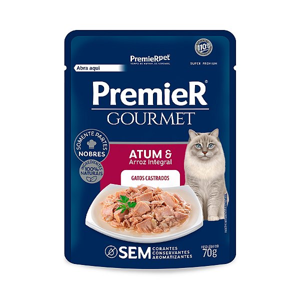 Sachês Premier Gourmet Gatos Castrados Atum com Arroz Integral 70g