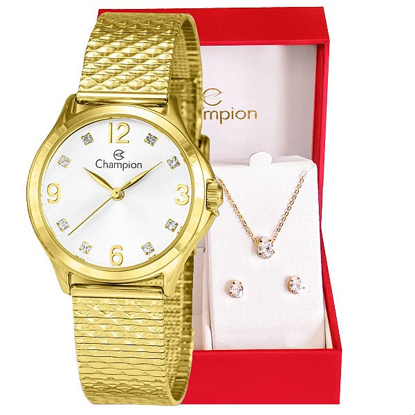 Relógio Feminino Champion Analógico Dourado Pequeno CF24117H + Colar e Brincos