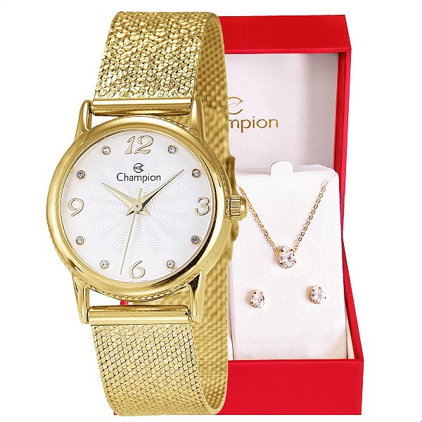 Relógio Feminino Champion Texturizado Mini Dourado CF24091H + Colar e Brincos