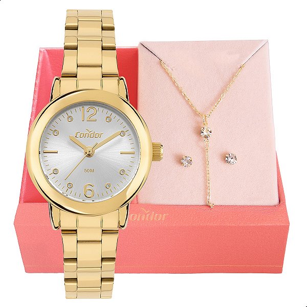 Relógio de Pulso Feminino Pequeno Condor Dourado CO2035NMP/K4K Colar e Brincos