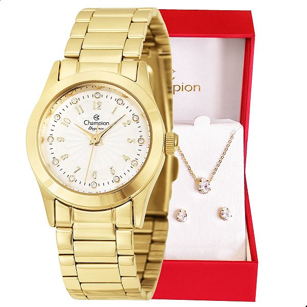 Relógio de Pulso Feminino Champion Dourado Mini CF24000W + Colar e Brincos