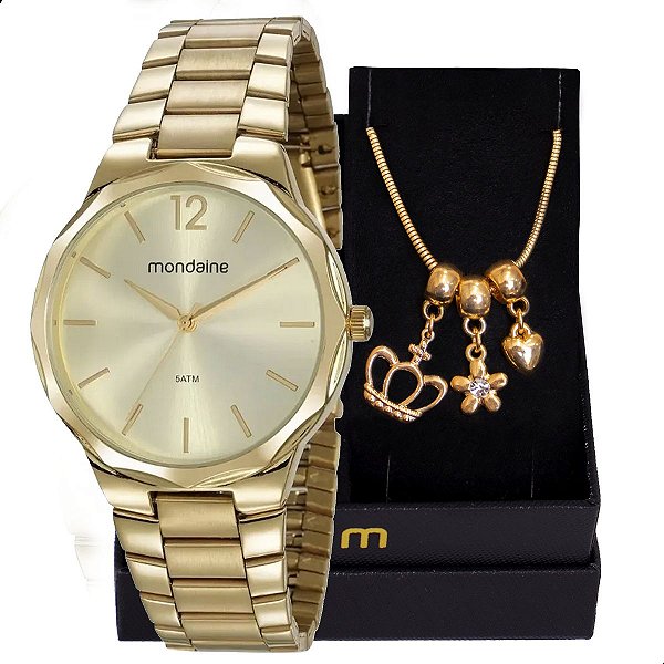 Relógio de Pulso Feminino Mondaine Dourado Facetado A Prova D'Água 53750LPMVDE1K4 + Pulseira Berloques