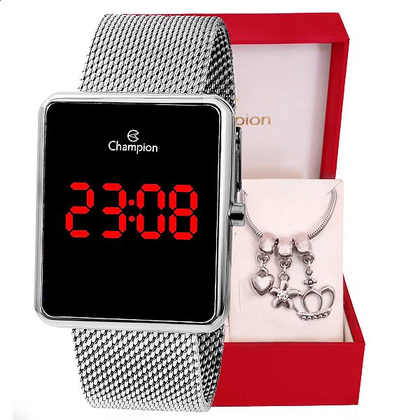Kit Relógio Champion Feminino Digital Quadrado Prata CH40083T + Pulseira Berloques
