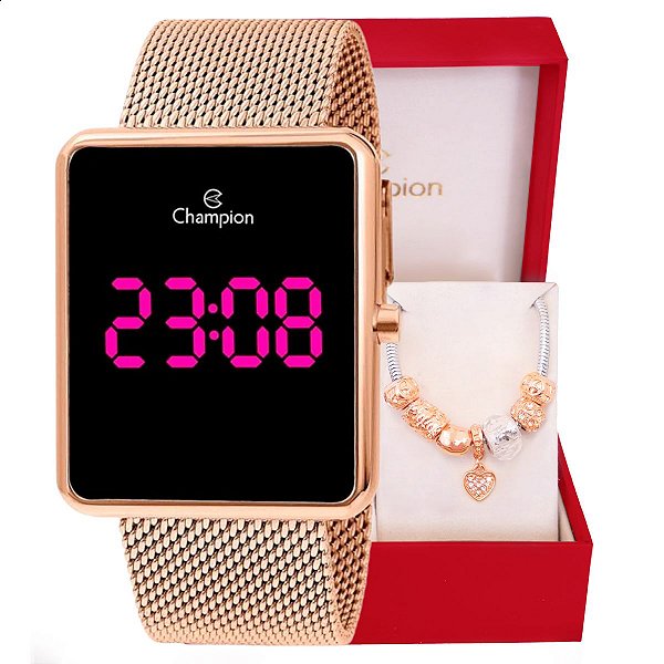 Relógio Feminino Champion Digital Quadrado Rosé CH40083H Led Rosa + Pulseira Berloques