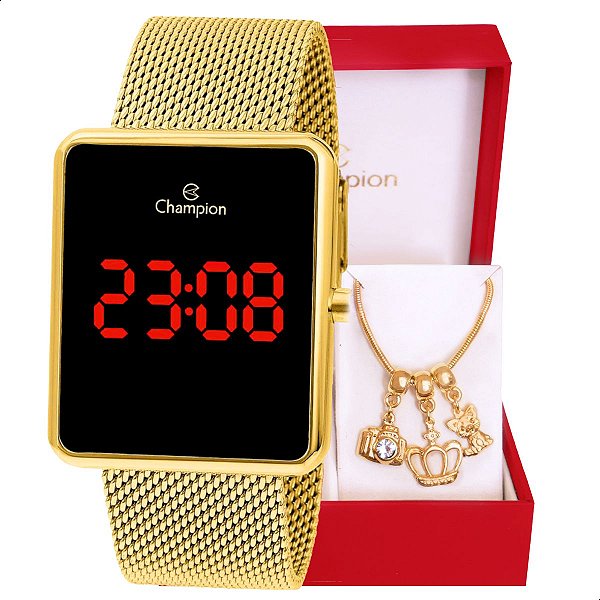 Relógio Feminino Champion Digital Quadrado Dourado CH40083V + Pulseira Berloques