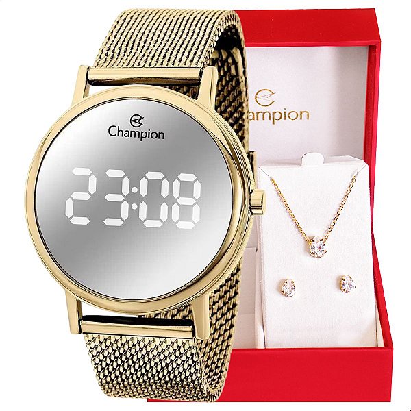 Relógio Feminino Champion Digital Dourado Espelhado Pulseira Mesh CH40179B Colar e Brincos
