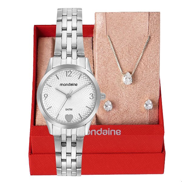 Relógio de Pulso Feminino Mondaine Prata 32795L0MKNE2K1 Colar e Brincos