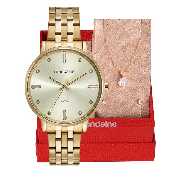 Relógio de Pulso Feminino Mondainde Dourado Analógico 32598LPMKDE1K1 Colar e Brincos