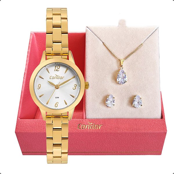 Relógio de Pulso Feminino Pequeno Condor Dourado CO2035MZQ/K4K Colar e Brincos