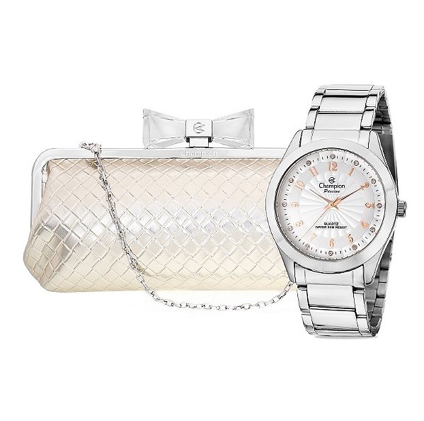 Relógio Feminino Champion Prata Rosé Analógico CN29410A + Bolsa Clutch