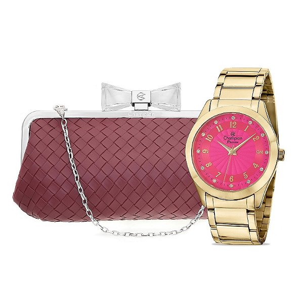 Relógio Feminino Champion Dourado Rosa Analógico CN29410E + Bolsa Clutch