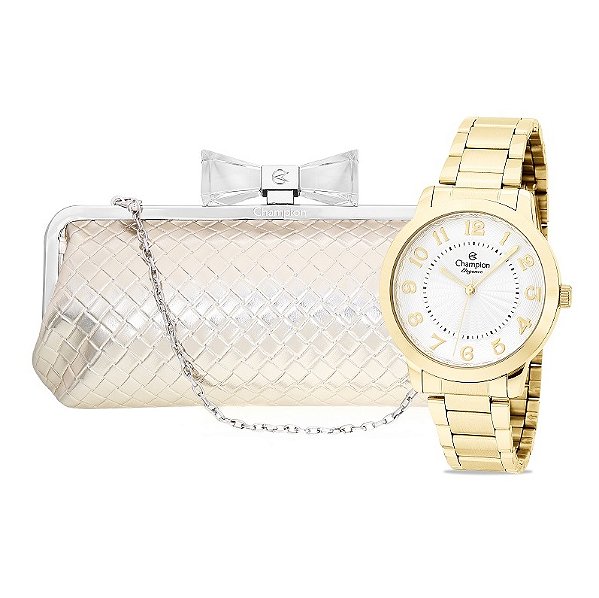 Relógio Feminino Champion Dourado Analógico CN25118G + Bolsa Clutch