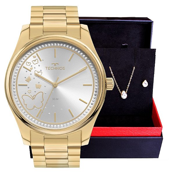 Relógio Feminino Technos Trend Dourado Analógico 2036MRQ/1K Colar e Brincos