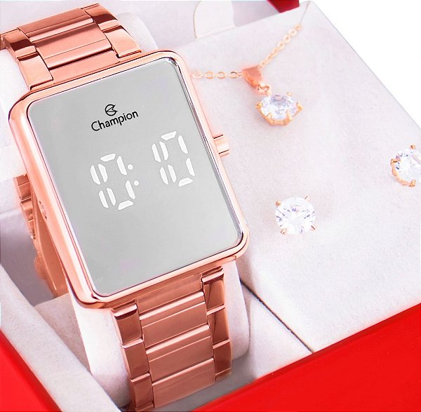 Kit Relógio Champion Feminino Digital Rose Espelhado Colar Brincos CH40086Z