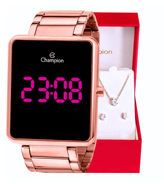 Relógio Feminino Champion Digital Rose Colar e Brincos CH40086H Garantia 1 ano