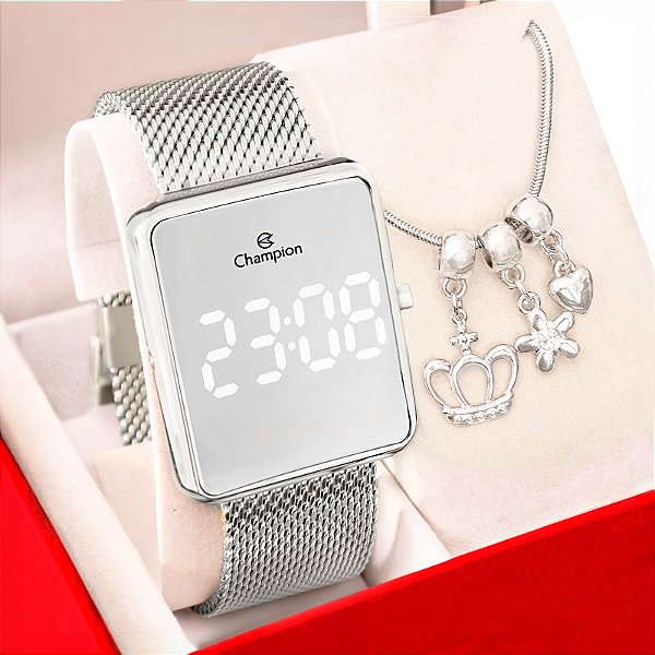 Relógio Feminino Champion Digital Espelhado Prata  CH40080S  + Pulseira Berloques