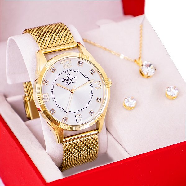 Relógio Feminino Champion Analógico Dourado Mesh CN25814E Kit Colar e Brincos
