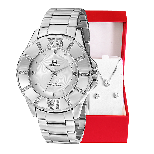 Kit Relógio Champion Ana Hickmann Analógico Prata Aço Inox AH28080S