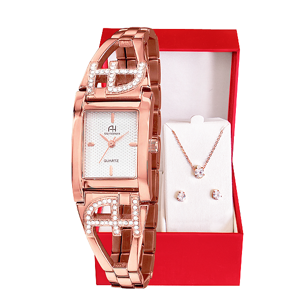Kit Relógio Feminino Champion Ana Hickmann Rosé Quadrado AH28017Z Cristais