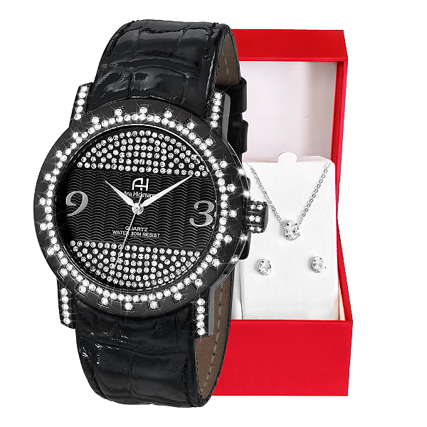 Kit Relógio Feminino Champion Ana Hickmann Preto Couro Analógico AH28400T Cristais