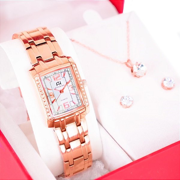 Kit Relógio Feminino Champion Ana Hickmann Rosé Quadradro AH28526Z Cristais