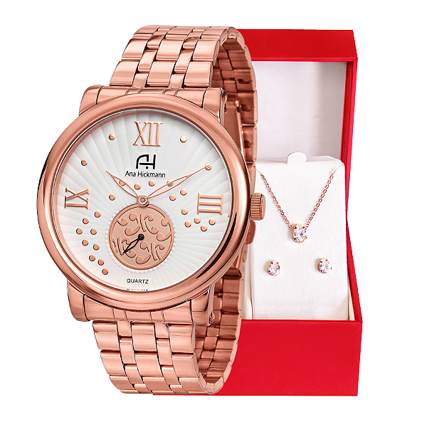 Kit Relógio Feminino Champion Ana Hickmann Analógico Rosé AH29007Z Prova D'Água