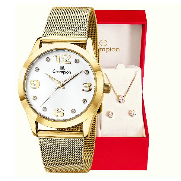 Relógio Feminino Champion Analógico Dourado CN29098W + Kit de Brincos e Colar