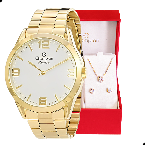 Relógio Champion Feminino Dourado Prova D´Agua + Kit de Brincos e Colar Garantia De Um Ano