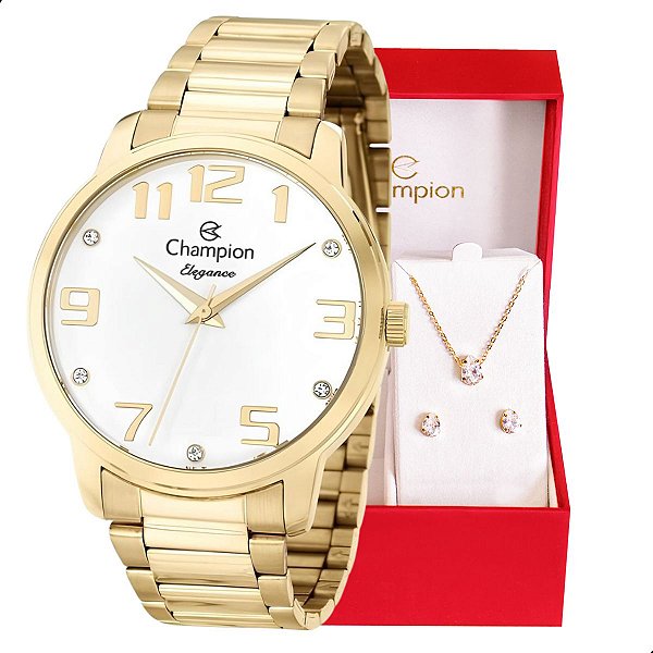 Relógio Champion Feminino Dourado Analógico Prova D´agua CN26028W Colar e Brincos