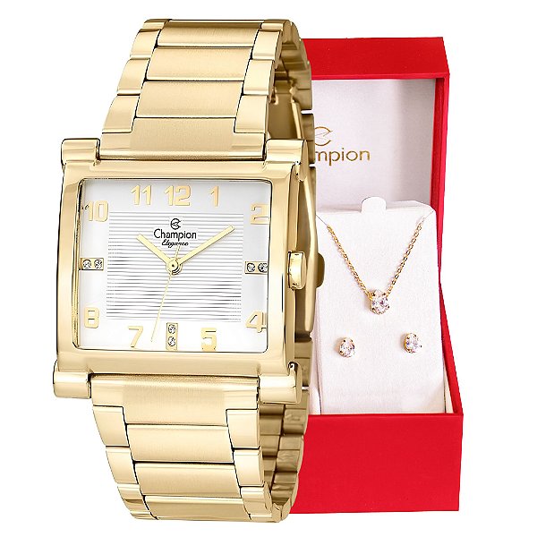 Relógio Champion Feminino Quadrado Dourado CN25369W + Colar e Brincos