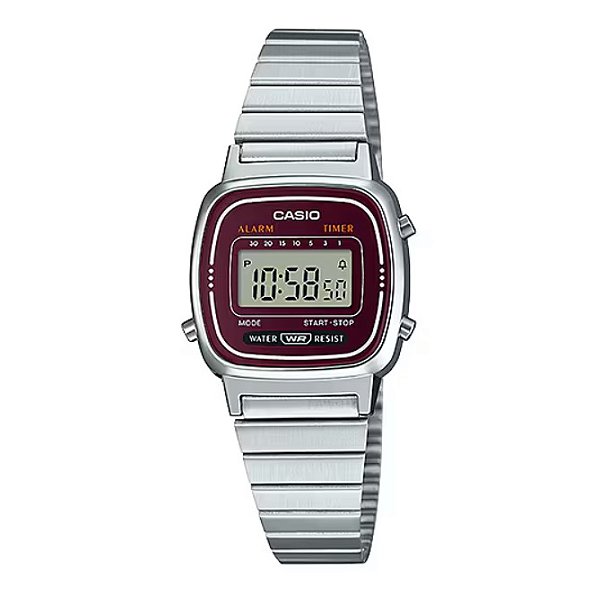 Relógio Feminino Casio Vintage Retrô Digital Prata e Bordô LA670WA-4DF
