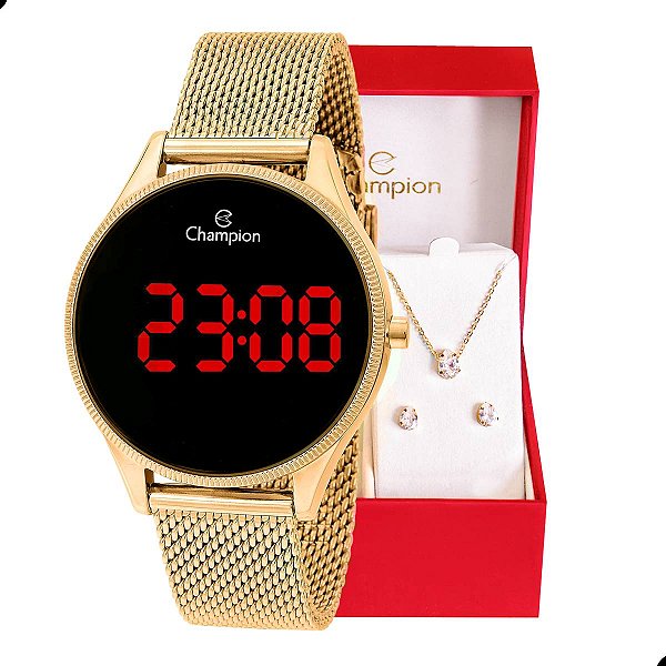 Kit Relógio Champion Feminino Dourado Digital Led Vermelho CH40133V Colar e Brincos