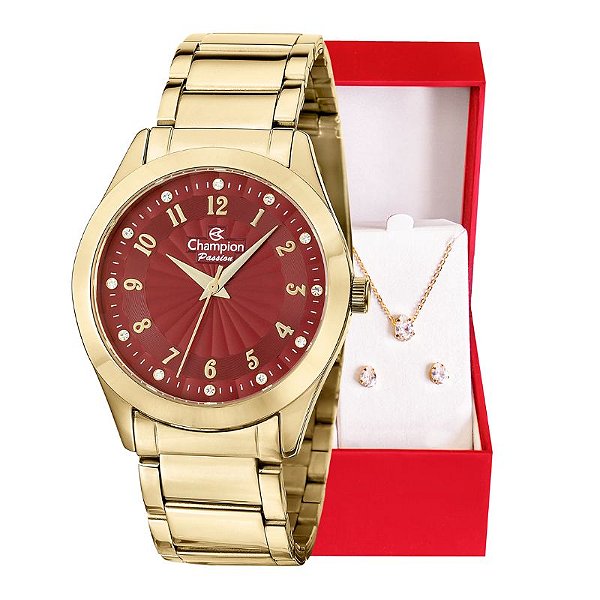 Relógio Feminino Dourado Champion Analógico Prova D'agua CN29409X Colar e Brincos
