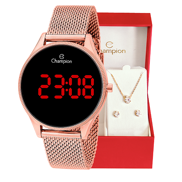 Relógio Champion Feminino Rosê Digital Led Vermelho CH40133P Kit Colar e Brincos