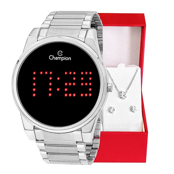 Relógio Feminino Champion Digital Prata CH40053T Colar e Brincos