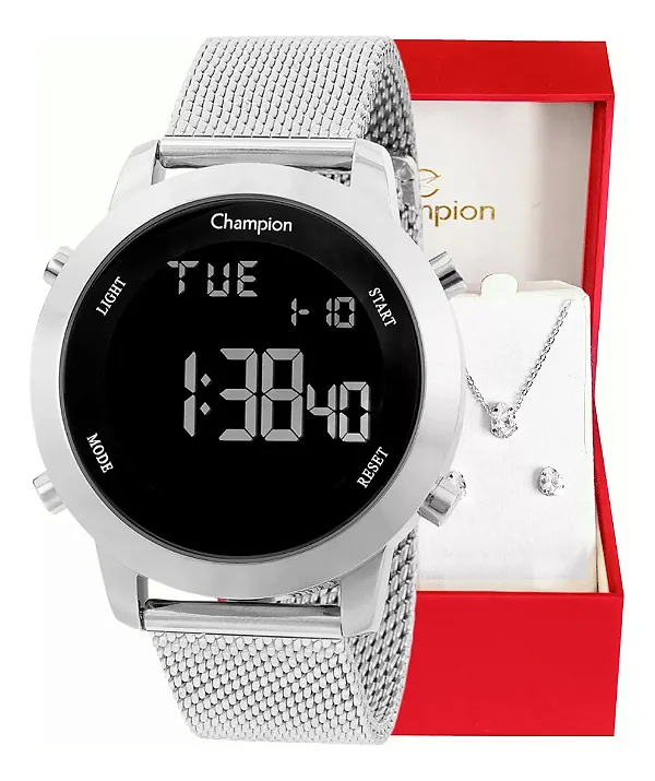 Relógio Champion Feminino Digital LED Prata CH40062T + Kit Colar e Brincos