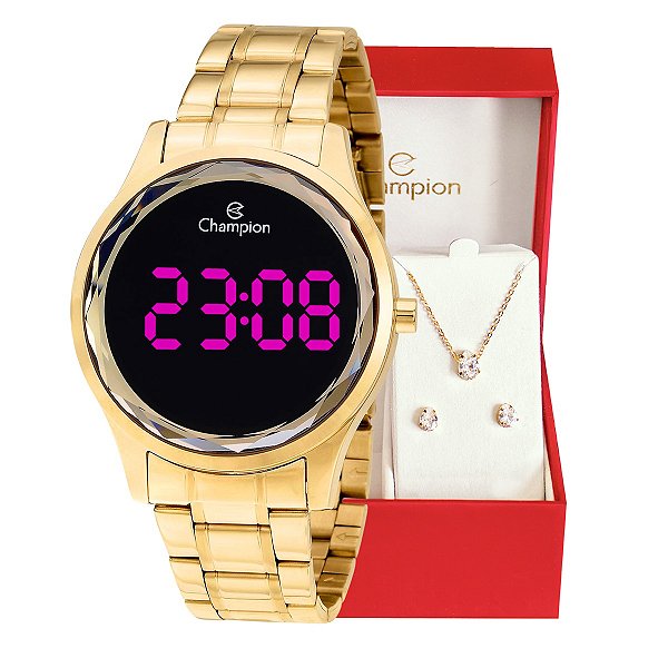Relógio de Pulso Champion Feminino Digital Dourado CH48019H Colar e Brincos