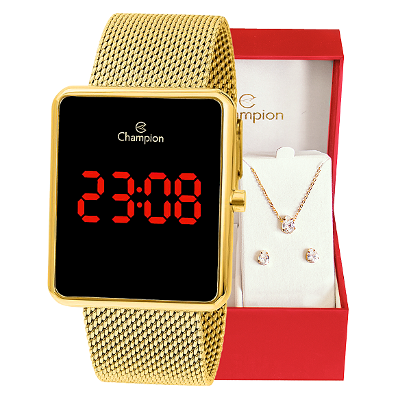 Relógio Feminino Champion Digital Quadrado Dourado CH40080V + Colar e Brincos