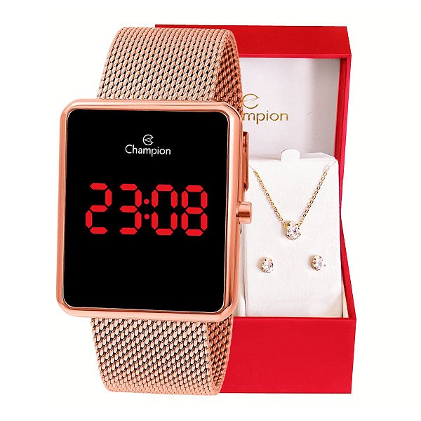 Relógio Champion Feminino Digital Quadrado Rosé CH40080P Colar e Brincos