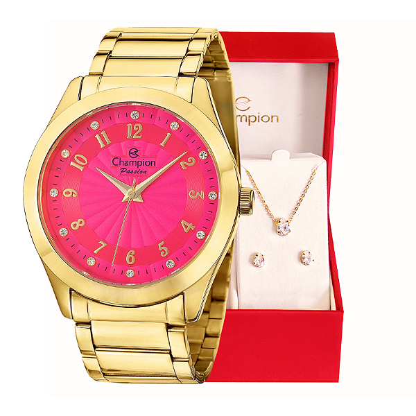 Relógio Feminino Dourado Champion Analógico Rosa Prova D'agua CN29409J Colar e Brincos