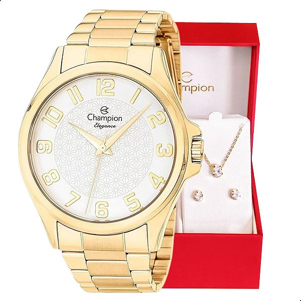 Relógio Champion Feminino Dourado Prova D´Agua CN26377W Colar e Brincos