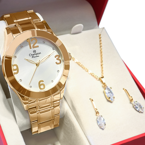 Kit Relógio Champion Feminino Dourado Analógico Prova D´Agua + Colar e Brincos Garantia de um Ano
