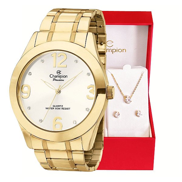 Relógio Champion Feminino Analógico Dourado CH24268D Colar e Brincos Prova D´Agua Garantia de Um Ano