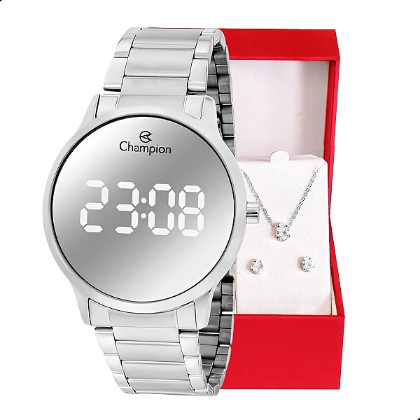 Relógio Feminino Champion Digital Espelhado Prata CH40142S Kit Colar e Brincos