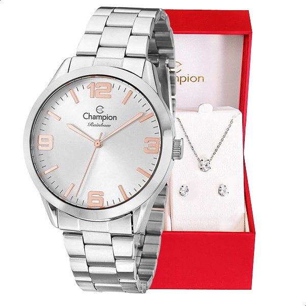 Relógio Champion Feminino Prata Prova D´Agua + Kit de Brincos e Colar Garantia De Um Ano CN29893Q