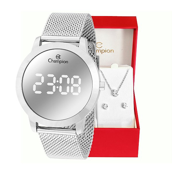 Relógio Feminino Champion Digital Espelhado Pulseira Mesh CH40106S Colar e brincos