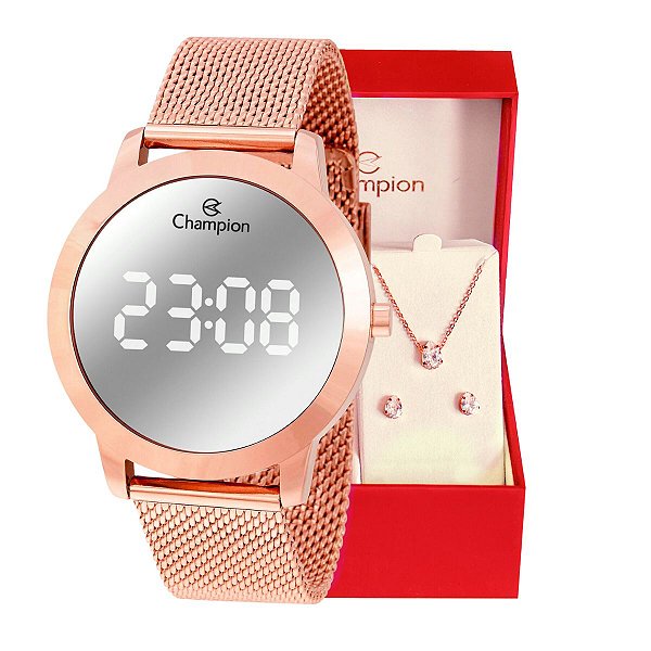 Relógio Feminino Champion Digital Espelhado Pulseira Mesh CH40106P Kit Colar e brincos