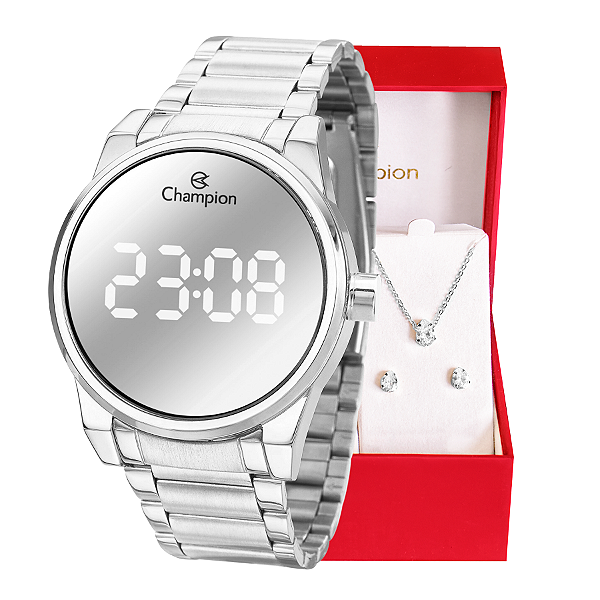 Relógio de Pulso Feminino Champion Digital Espelhado Prata CH40124S Colar e Brincos